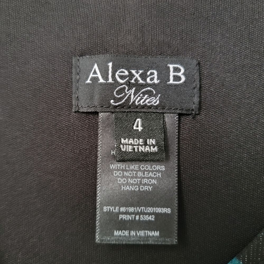 ALEXA B NITES Blue & Green Rose & Leaf Motif Gown Woven Metallic Silver Size 4 - Picture 4 of 9